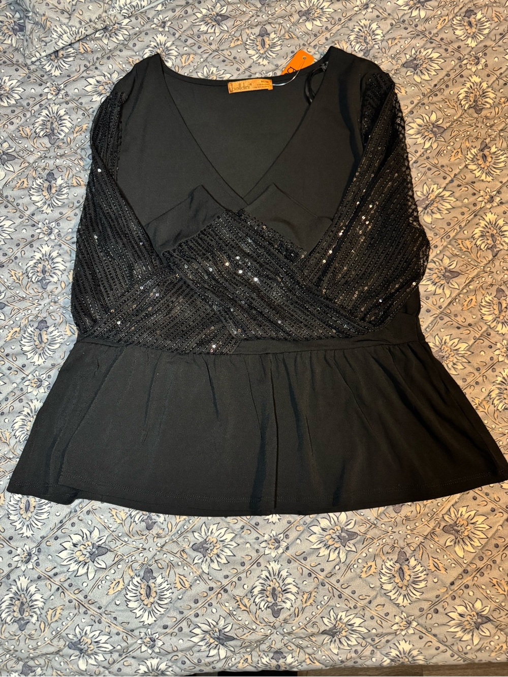 Belldini Black Sequined Peplum V-Neck Top